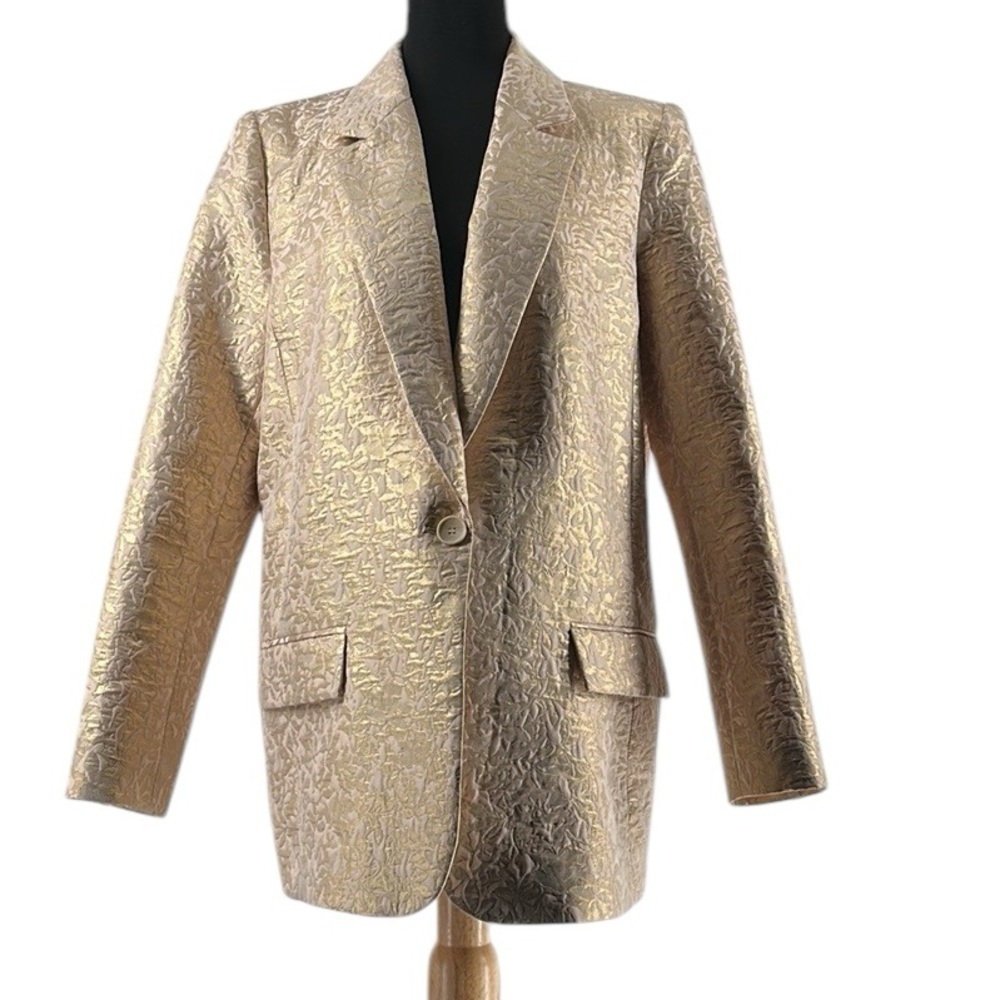 Zara blazer Gold jacquard jacket elegant pretty business casual event sz lg - Picture 2 of 11